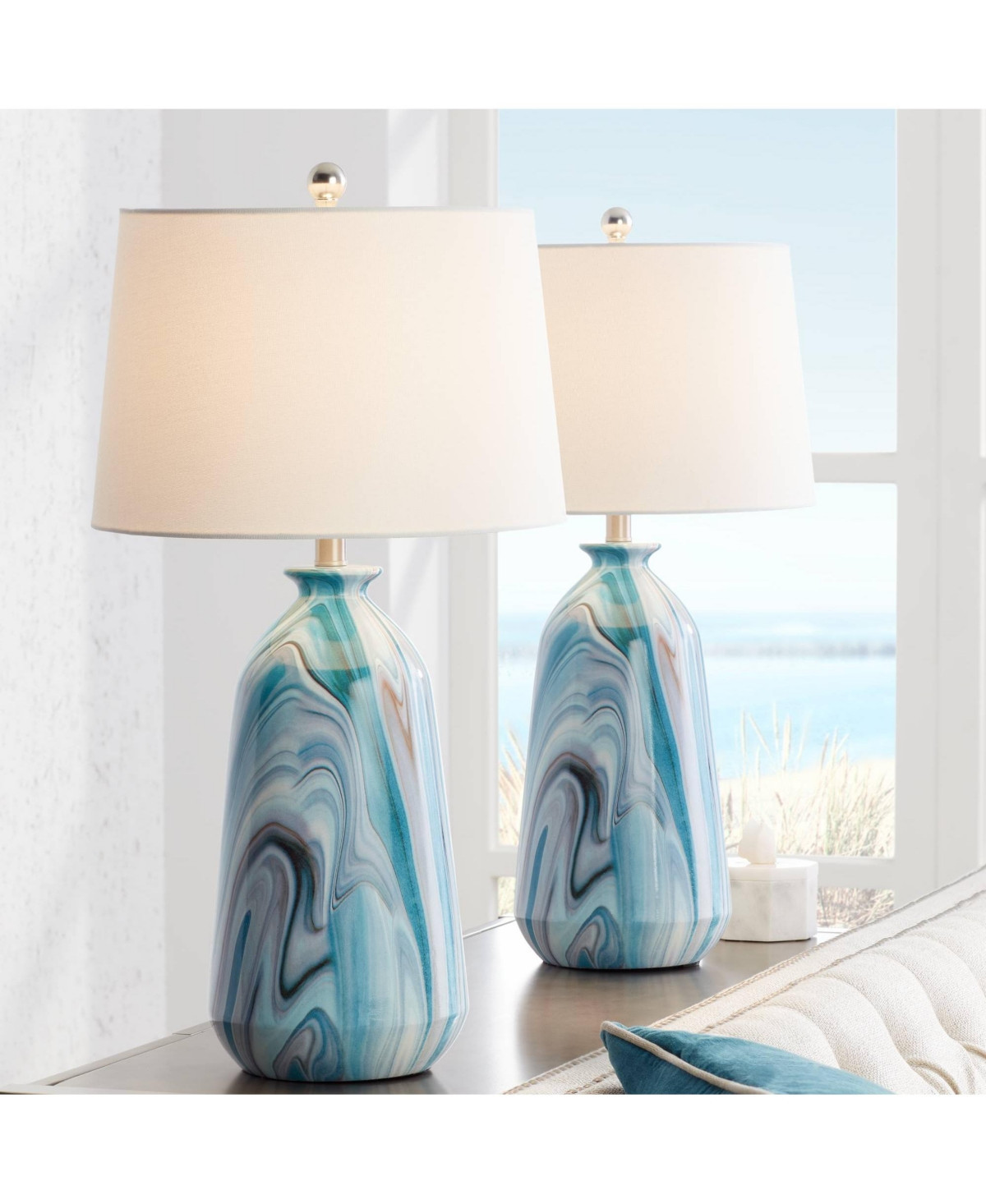 Carlton Modern Coastal Table Lamps 28" Tall Set of 2 Swirling Blue Faux Marble White Tapered Drum Shade for Bedroom Living Room House Home Bedside Nig | Macy's