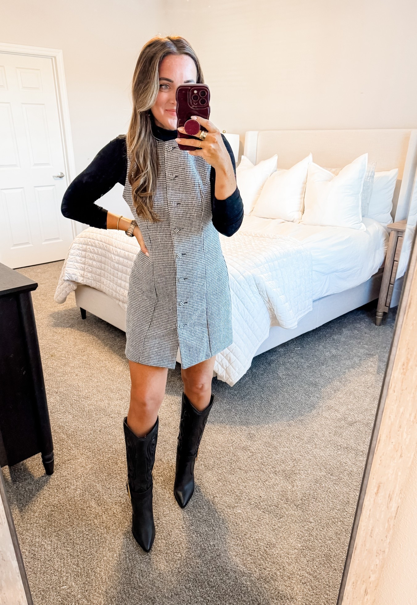 Dress / Turtleneck - M (tts)
5’2” 140 lbs 
—
Amazon fashion | Amazon dress | Work attire | Women’s work wear | Office attire | Business casual | Smart casual | Houndstooth | Black and white 

#LTKFindsUnder50 #LTKWorkwear #LTKootd