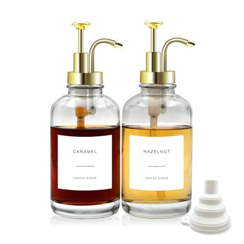 MFBJXC 2-Pack Coffee Syrup Dispenser for Coffee Bar, 16.9 oz 500 ml Glass Syrup Bottle with 36 Labels, Syrup Pump Dispenser for Coffee Bar(Gold pump) | Amazon (US)