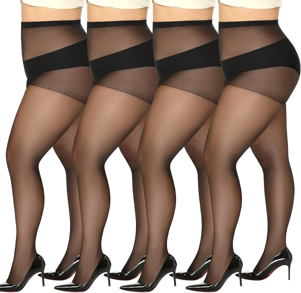 MANZI Women's Plus Size Pantyhose 4 Pairs Sheer Nylon Tights | Amazon (US)
