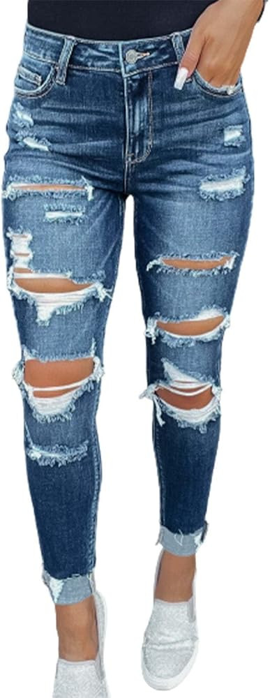 KUNMI Women's Ripped Mid Waisted Boyfriend Jeans Loose Fit Distressed Stretchy Denim Pants | Amazon (US)