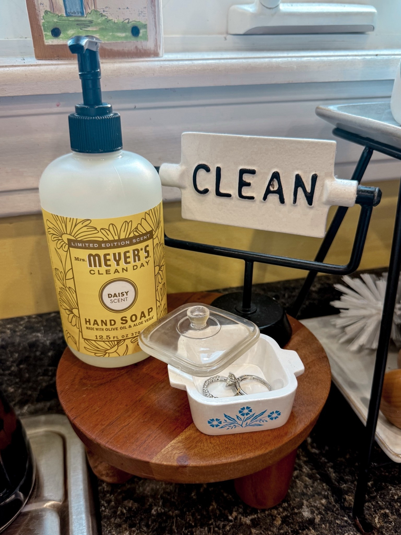 Corning ware brings back the best memories and when I can find me some and it looks pretty good I buy it! This little Etsy one is so adorable for your rings by the sink.