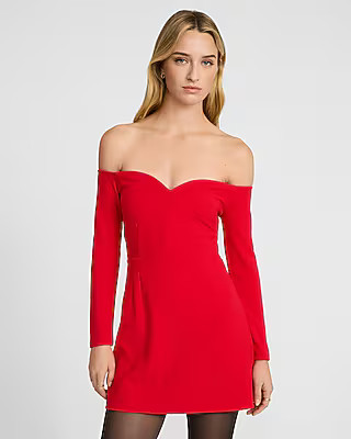 Crepe Off The Shoulder Sweetheart Long Sleeve Mini Dress | Express