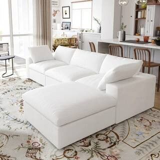 118 in. Square Arm 4-Piece Linen L-shaped Sectional Sofa Cloud Couch in White with Ottoman | The Home Depot