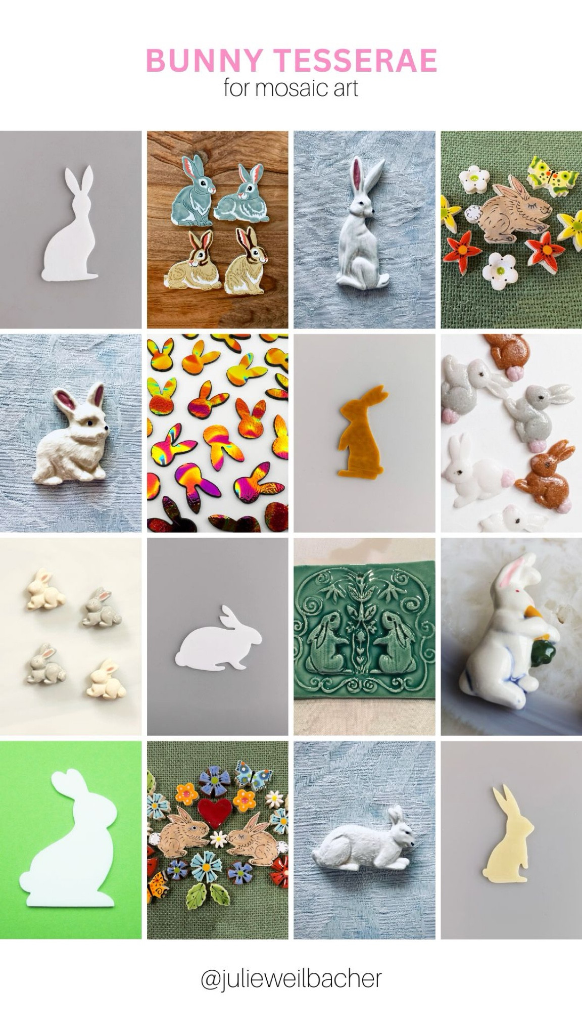 Spring is quickly approaching so it’s a perfect time to start thinking about making artwork for the season! 🐰 Whether you’re making crafts, mosaic art, an assemblage project, or sitting on your coffee table, these pieces will work perfectly. 🐰 This collection includes precut stained glass, handmade ceramic tile, molded ceramic tile, and fused glass. 🐰 For mosaic tips, tutorials, inspiration, and so much more please visit my YouTube channel: YouTube.com/julieweilbacher. Follow @julieweilbacher on Instagram for all things mosaic art. bunny decor - mosaics - spring decor - glass bunny - assemblage art - ceramic bunny - handmade tile - bunny figurine - mosaic art - spring crafts 

#LTKSeasonal #LTKHome #LTKFindsUnder50