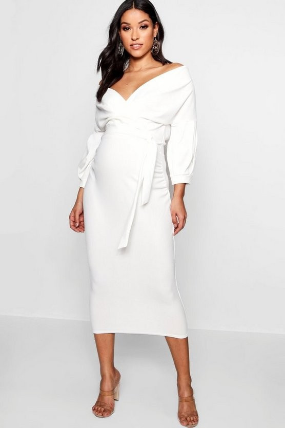Maternity Off The Shoulder Wrap Midi Dress | Boohoo.com (US & CA)
