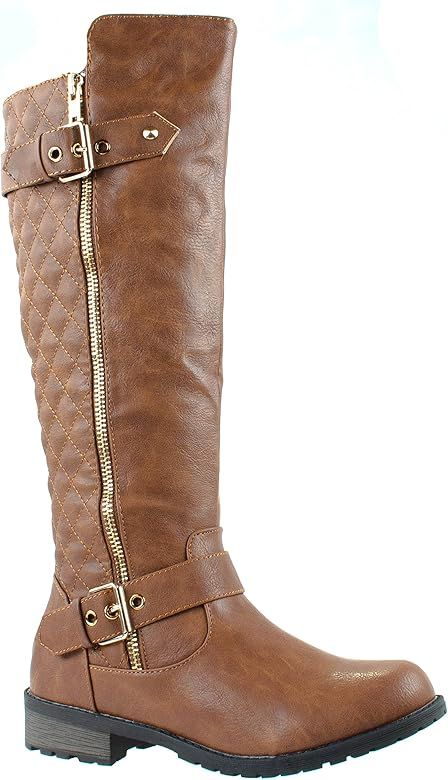 Forever Women's Mango-21 Quilted Pattern Calf High Boots with Buckle and Zipper Decoration | Amazon (US)