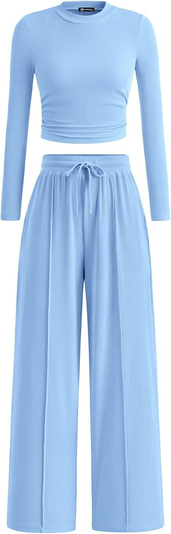PRETTYGARDEN Women's 2 Piece Loungewear Long Sleeve Crop Top Wide Leg Palazzo Pants Set Tracksuit... | Amazon (US)