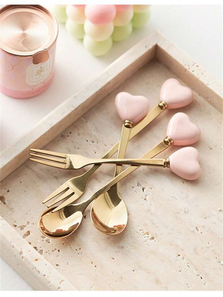 4pcs Pink Ceramics & Stainless Steel Coffee Spoon Set For Dessert, Novelty Mini Fork And Soup Spo... | SHEIN