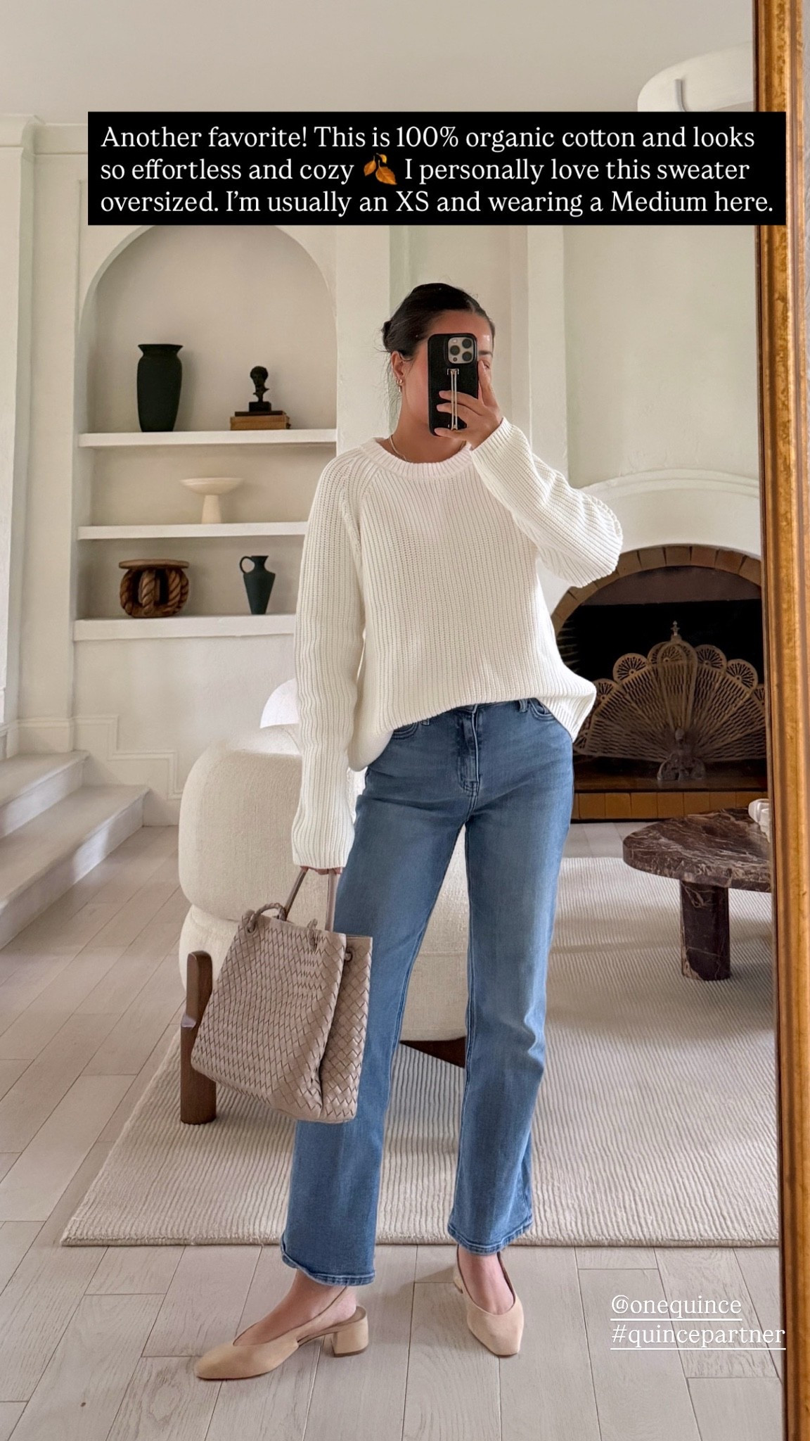 For size reference, I’m 5 ft 115 pounds and wearing the sizes below:

Sweater: I’m normally an XS in @Quince but I LOVE this sweater oversized. I’m wearing a Medium here. 

Jeans: midsection and petite friendly! I’m wearing a 26 Extra Short (inseam 26). 

#quincepartner

#LTKOver40 #LTKPetite #LTKootd