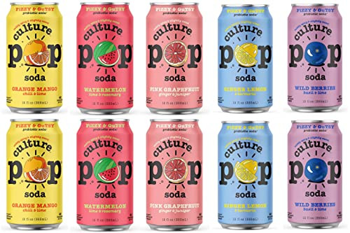 Culture Pop Sparkling Probiotic Soda 5 Flavor Variety Pack 40 Calories per can, Vegan, Non-GMO | 12 Fl Oz Cans Pack of 10 | Amazon (US)