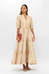 V-Neck Cuffed Maxi- Samoa Tan Gold | Oliphant Design