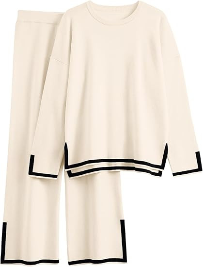 LILLUSORY Women Fall 2 Piece Lounge Set Outfits Sweatsuits Long Sleeve Sweater Tops Wide Leg Pant... | Amazon (US)