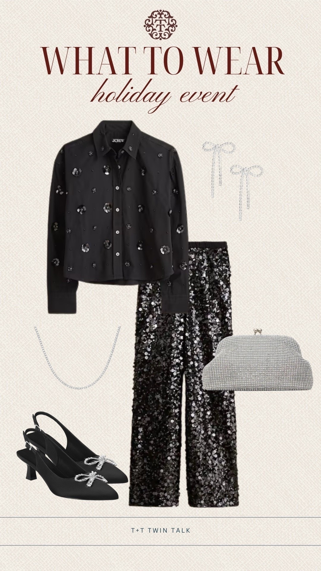 T+T, what to wear to New Year’s Eve! A pair of sparkly pants to go along with the J.Crew embellished top! We would add silver jewelry, a fun purse, and a pair of heels to complete the look. 

#LTKMidsize #LTKOver40 #LTKSeasonal