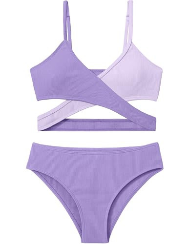 Aulyffo Girls Swimsuits Size 10-12 Girls Bathing Suits Size 10-12 Criss Cross Girls Bikini Two Piece Swimsuit for Girls V-Neck Swimwear Purple Girls Swimwear | Amazon (US)