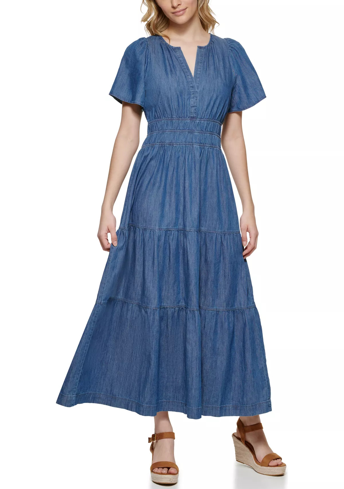 Women's Short Flare Sleeve Ruched Waist Tiered Maxi Dress | Belk