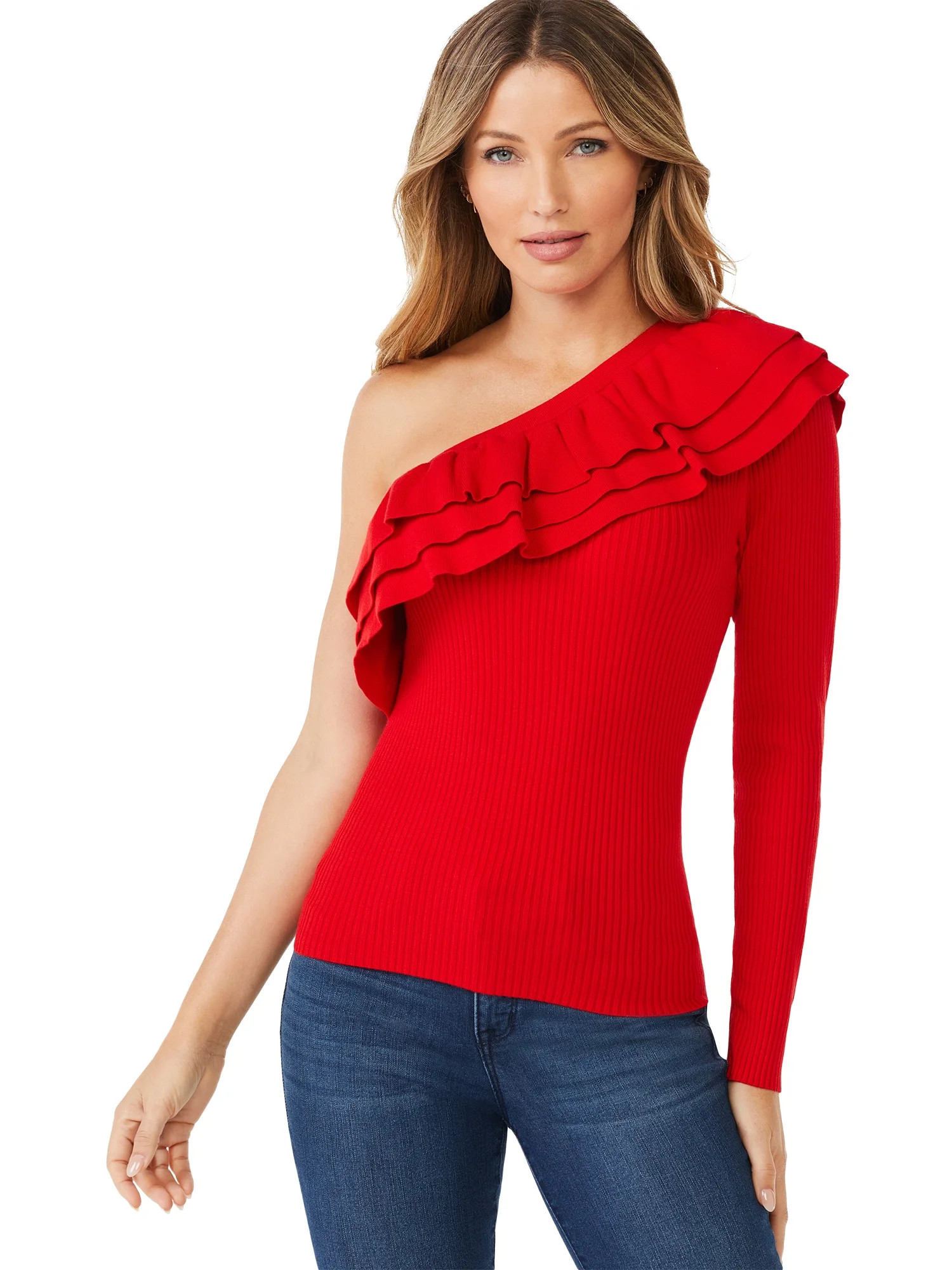 Sofia Jeans by Sofia Vergara Women's One-Shoulder Ruffle Sweater | Walmart (US)