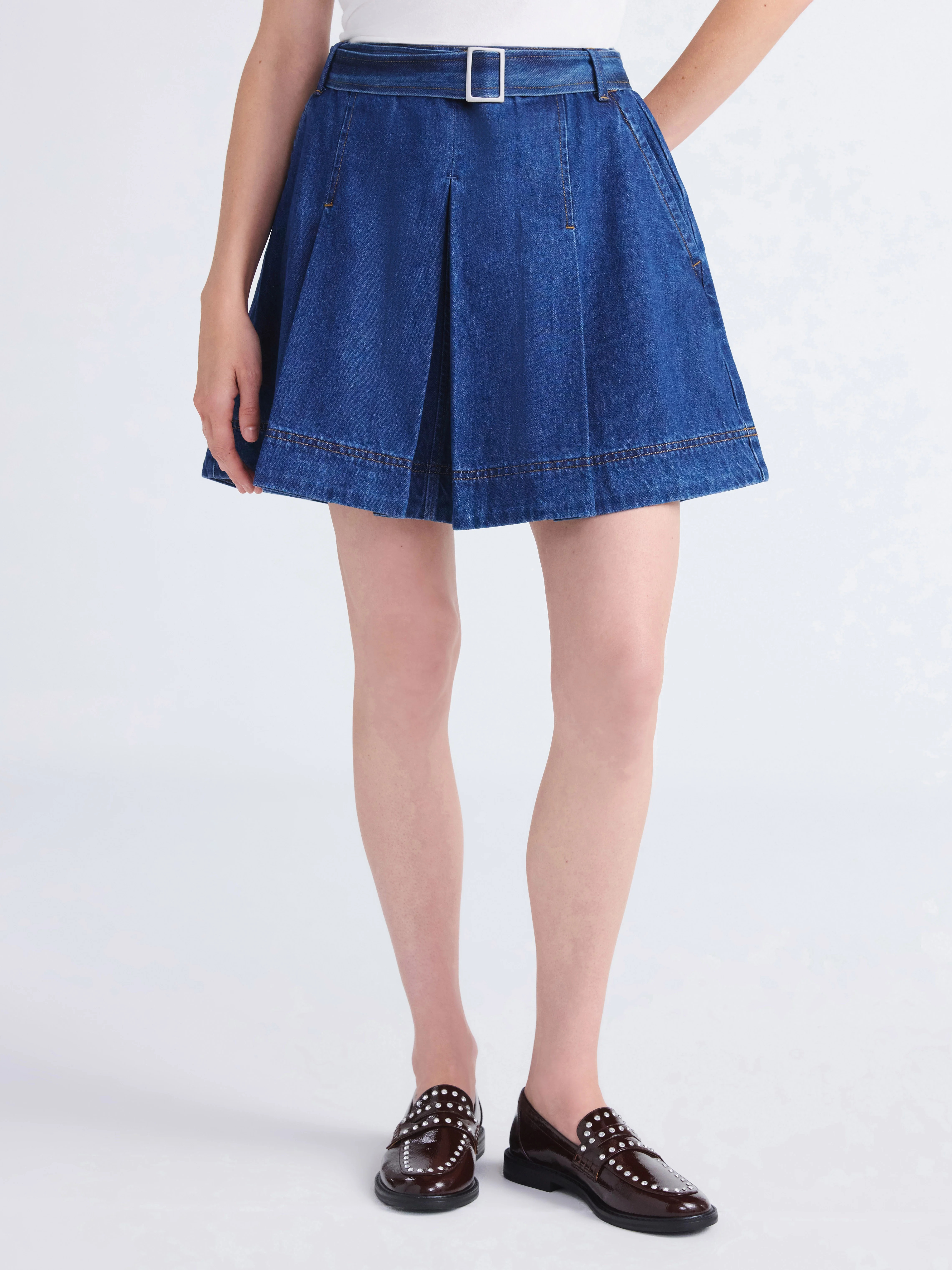 Free Assembly Women's Pleated Denim Mini Skirt with Belt Sizes 0-20 | Walmart (US)