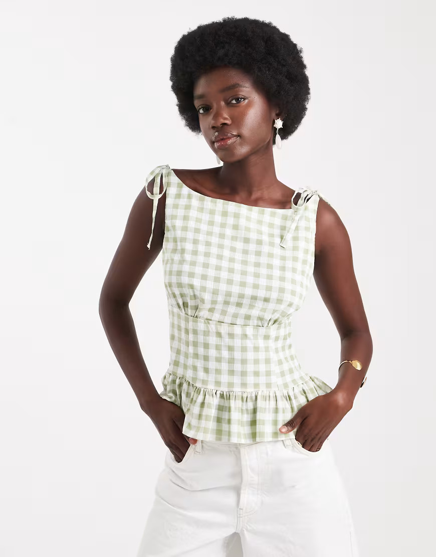 ASOS DESIGN tie shoulders top in mint gingham-Green | ASOS (Global)