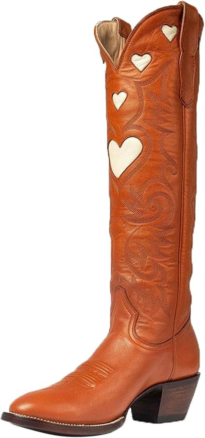 Huntarry Heart Boots for Women Red Cowboy Boots Embroidered Inlay Heart Knee High Round Toe Boots... | Amazon (US)