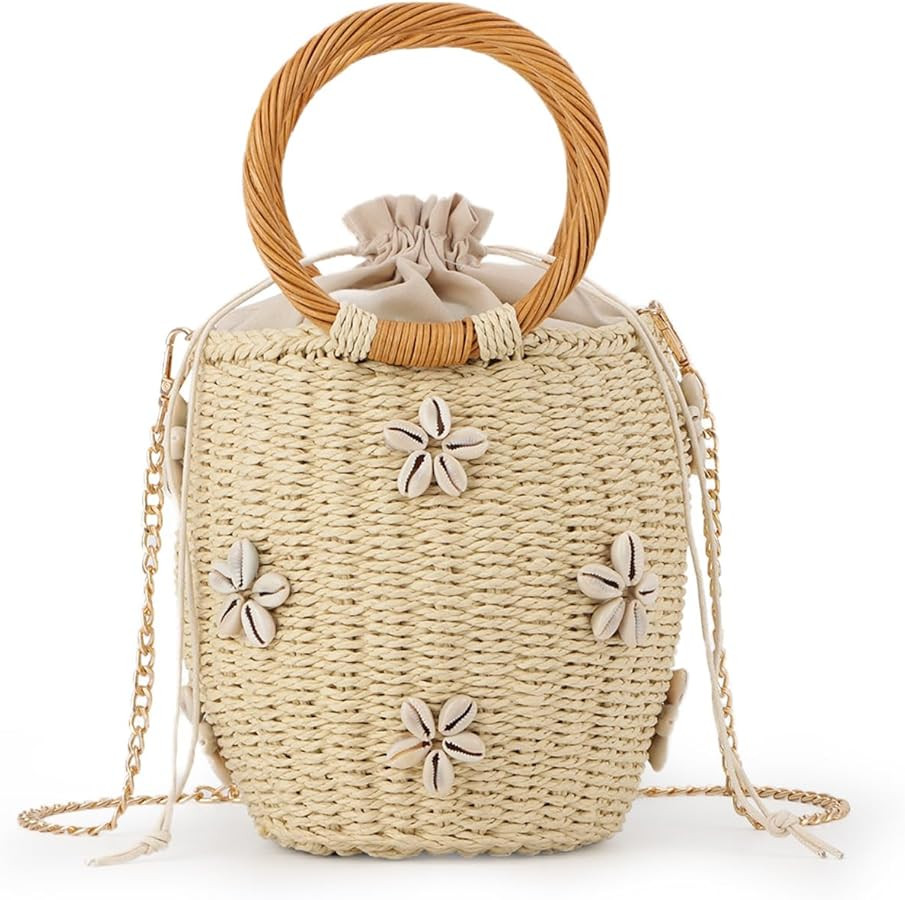 Fecialy Flower Pearls Rattan Tote Bag Straw Bags for Women Drawstring Straw Bucket Bag Summer Bea... | Amazon (US)