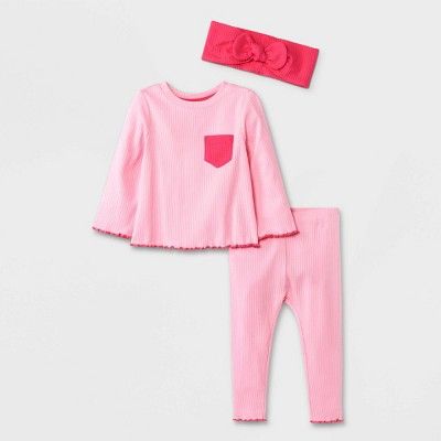 Baby Girls' 3pc Ribbed Top & Bottom Set with Headband - Cat & Jack™ Pink | Target