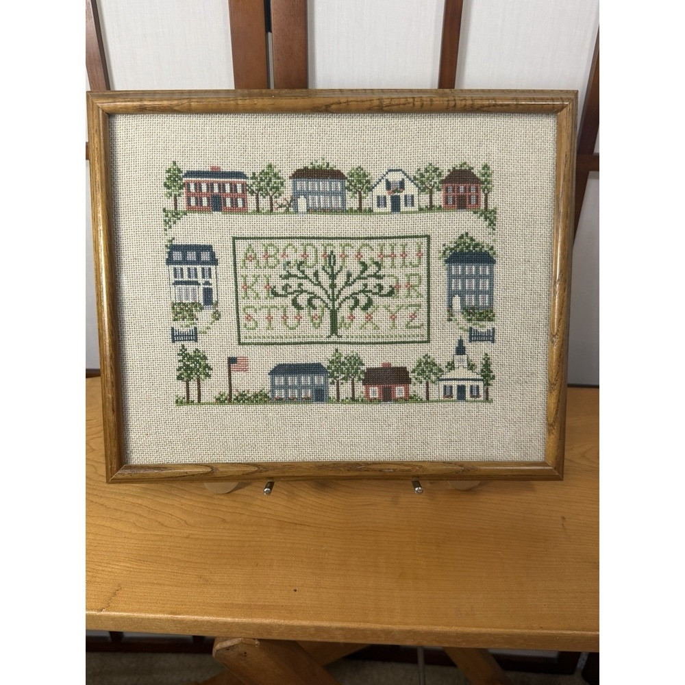 Vintage Framed 12 Houses Cross Stitch Needlework Alphabet Sampler School 12x10 | Poshmark