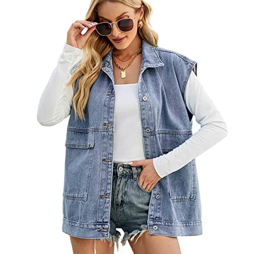 BXCNCKD Women's Denim Jean Vest Oversized Sleeveless Button Down Jean Vest Jacket (Blue,XL) | Amazon (US)