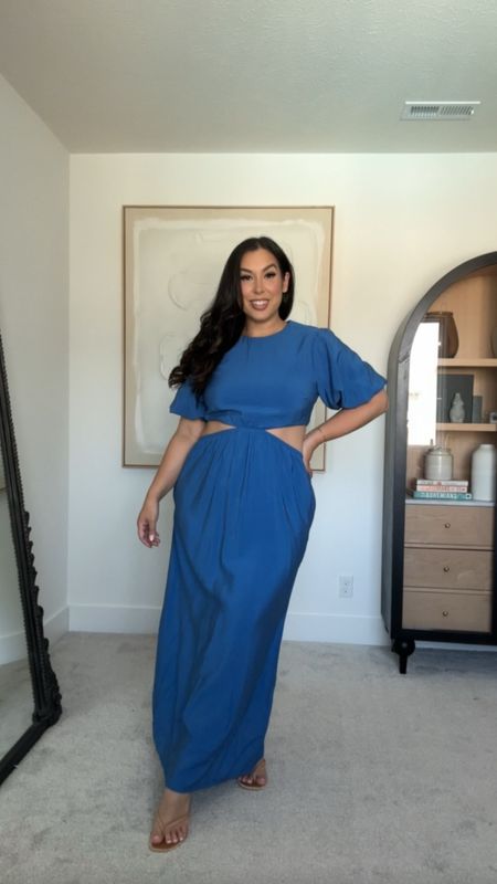 Midsize curvy Abercrombie spring dress. This cut out maxi dress with sleeves would be perfect for a summer vacation outfit, or even as a wedding guest dress. Loving royal blue right now! Wearing a size large! 

#LTKmidsize #LTKSeasonal #LTKstyletip