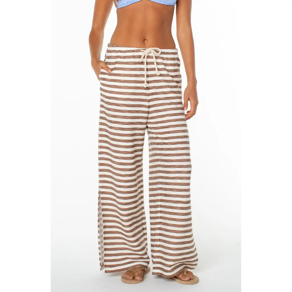 Roxy Beach Breeze Stripe Drawstring Waist Stretch Cotton Pants in Brownie at Nordstrom, Size Large | Nordstrom