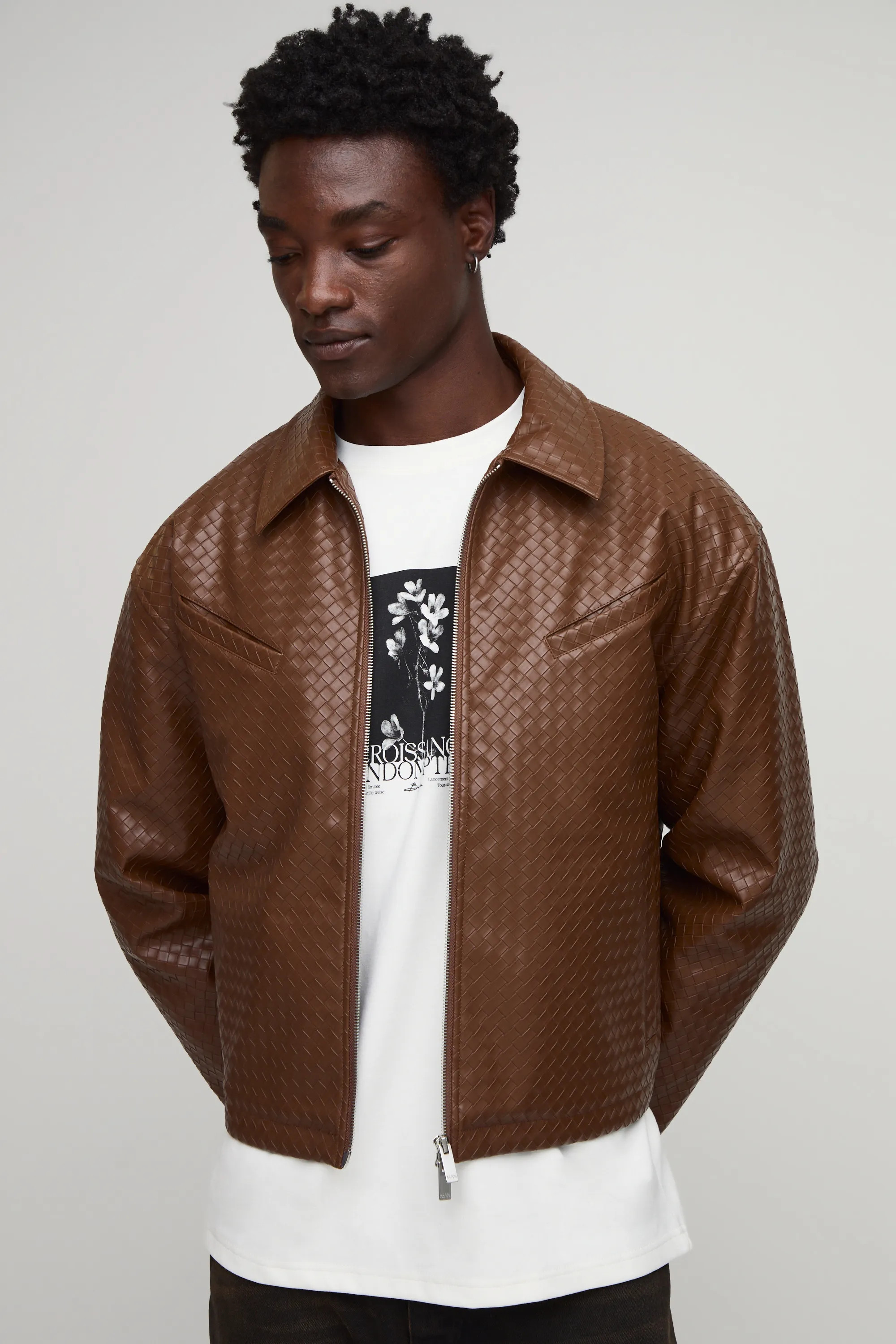 Boxy PU Weaved Harrington Jacket | Boohoo.com (UK & IE)