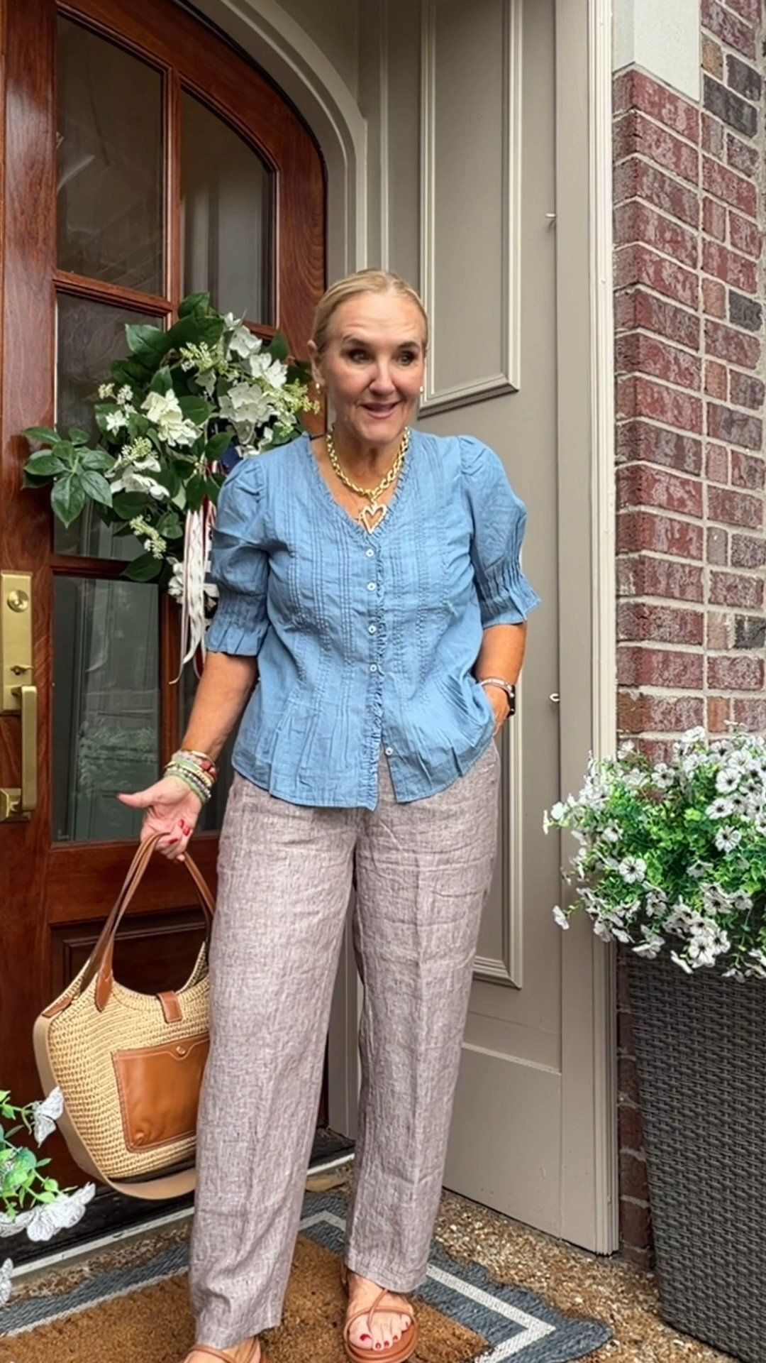 I love this top. It’s lightweight. Looks good tucked or untucked. Has so many pretty little details. Wearing a small. 
Linen pants size medium. Pull on. Lightweight. 
Bag 10% off with code NANETTE
ALLUE & Bess 30% off sitewide code SUMMER

#LTKOver40 #LTKSaleAlert #LTKSeasonal