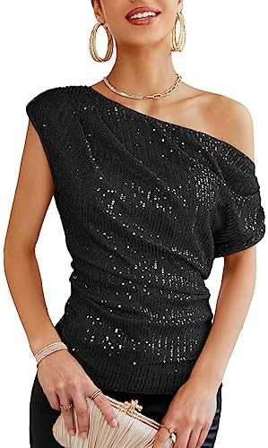 GRACE KARIN One Shoulder Sequin Sparkly Tops for Women Ruched Asymmetrical Glitter Tops Slimming ... | Amazon (US)
