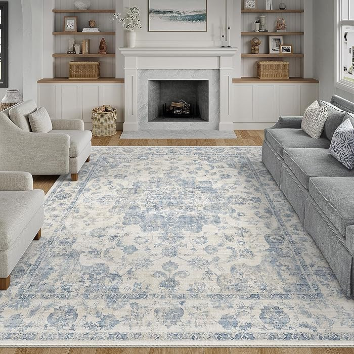 WondRg 8x10 Washable Neutral Area Rug Blue Vintage Living Room Bedroom Carpet Non-Slip Soft Low P... | Amazon (US)