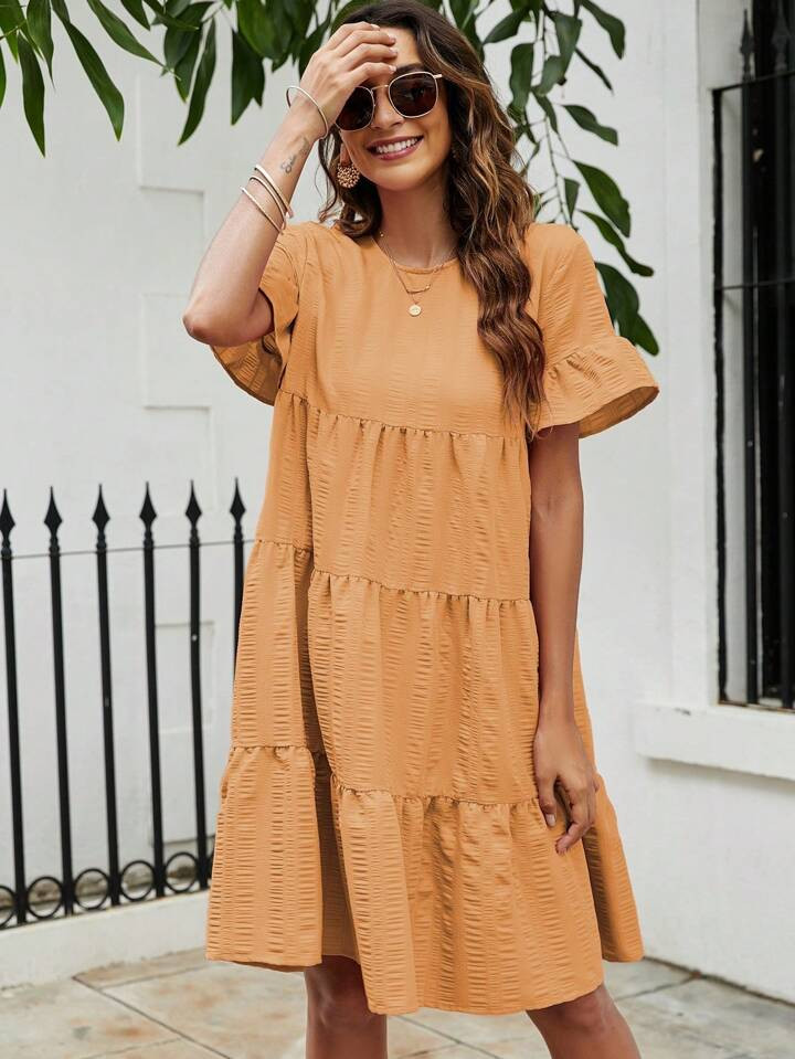 SHEIN LUNE Spring/Summer Casual Solid Color Pleated Ruffle Sleeve Dress | SHEIN