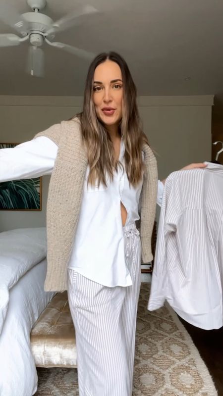 Personalized white button down shirt, chunky oatmeal sweater, striped drawstring pants, poplin striped collared shirt, striped drawstring shorts - all a part of Cella Jane’s collection with Splendid LA! Brown Italian leather ballet flats