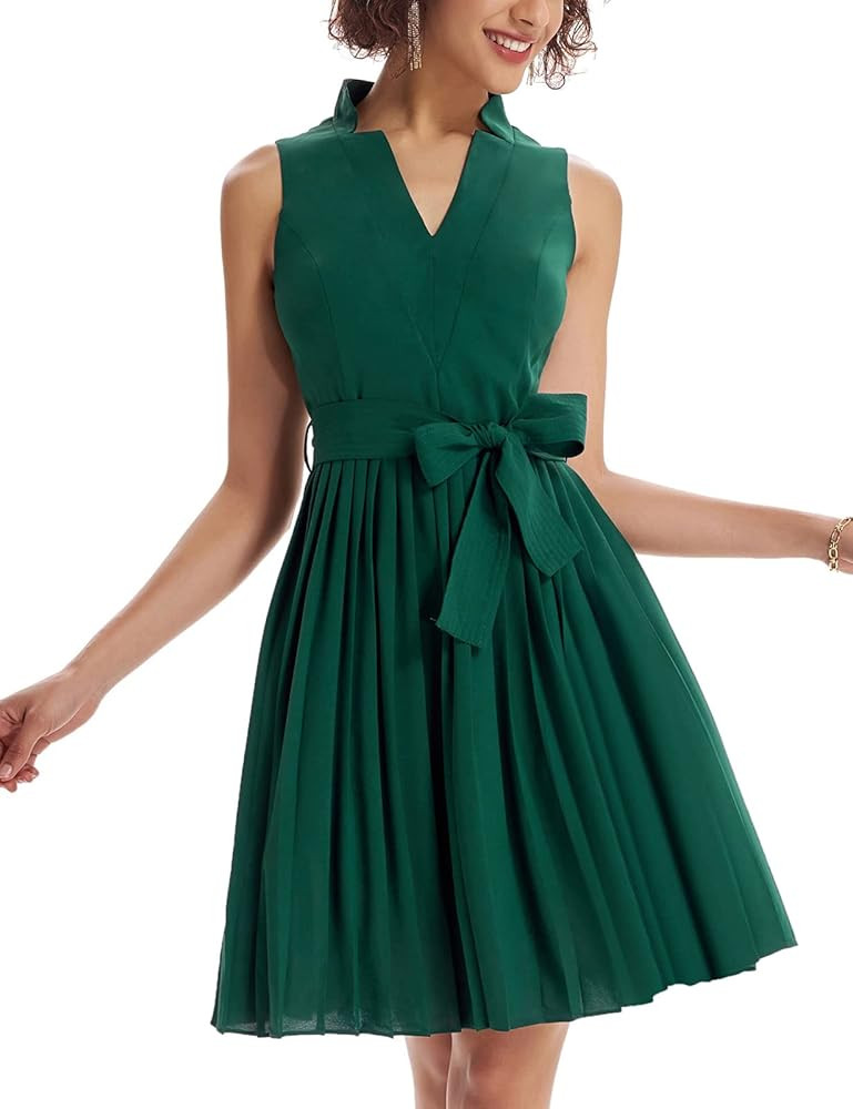 GRACE KARIN Women Elegant Pleated Swing Dress Solid Sleeveless V-Neck Work Dress | Amazon (US)