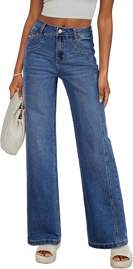 Sidefeel Women's Wide Leg Jeans High Waisted Stretchy Jeans Straight Leg Trendy Patchwork Loose F... | Amazon (US)