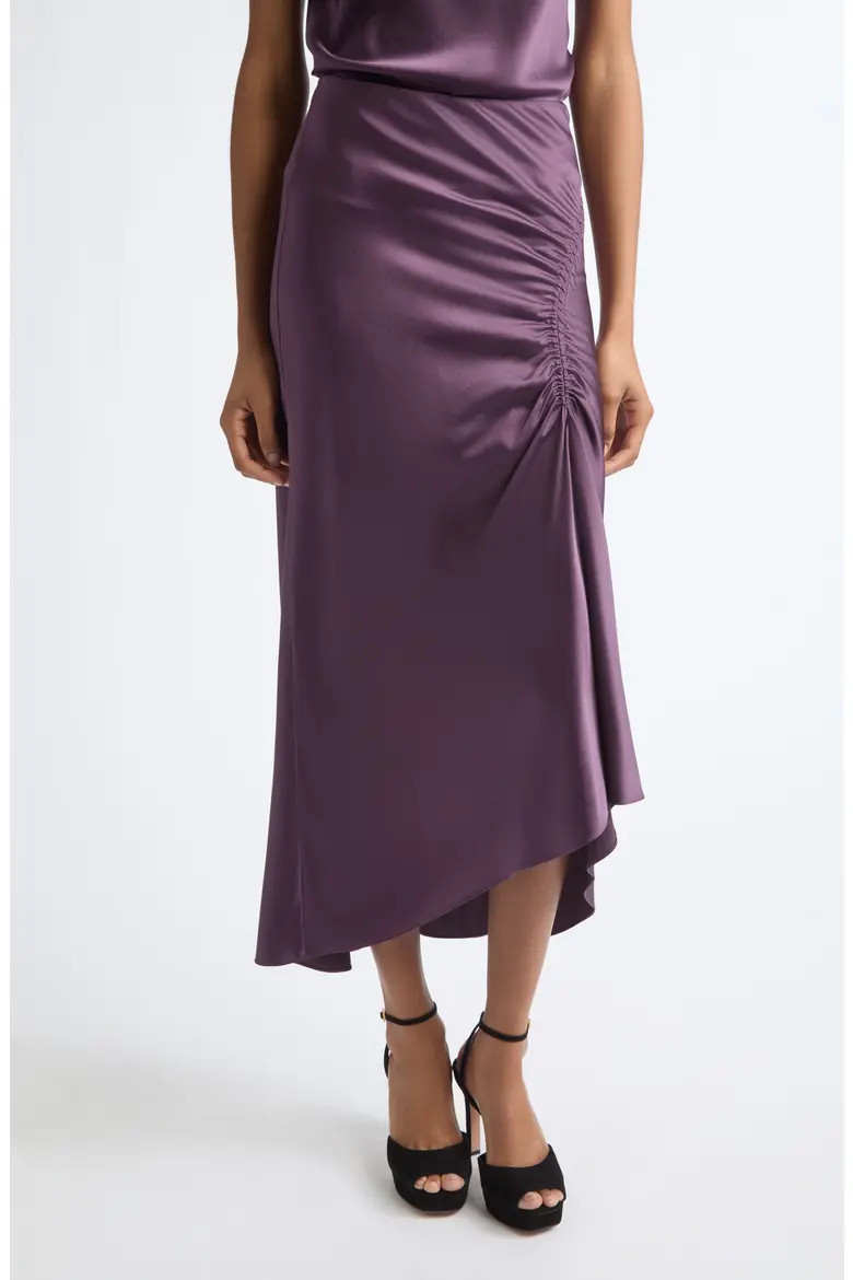 Veronica Beard Felecia Ruched Silk Blend Midi Skirt in Dark Eggplant at Nordstrom, Size 16 | Nordstrom