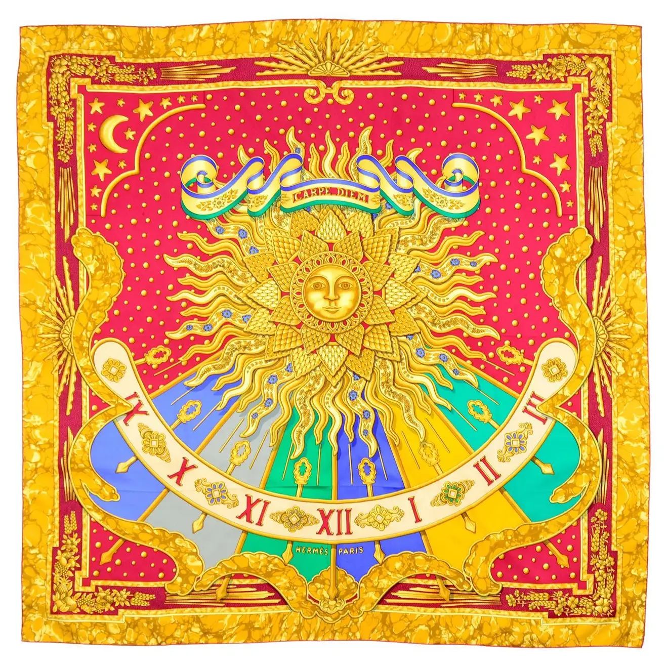 Vintage Hermes Carpe Diem Red & Yellow Silk Scarf by Joachim Metz | 1stDibs