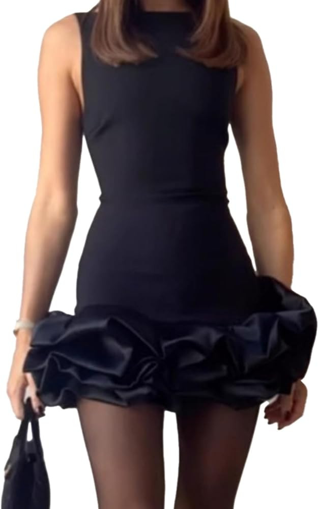 Unybwonn Women Ruffle Bubble Mini Dress Sleeveless Ruched Hem Bodycon Dresses a Line Mock Neck Ta... | Amazon (US)