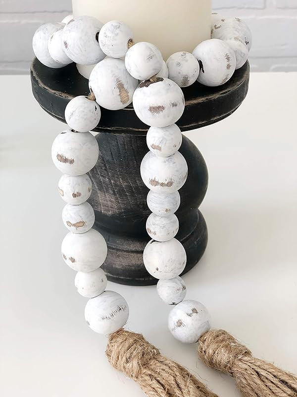 White Chippy Farmhouse Wood Bead Garland - Home Decor Beads - Rustic Decorations for Mothers Day ... | Amazon (US)