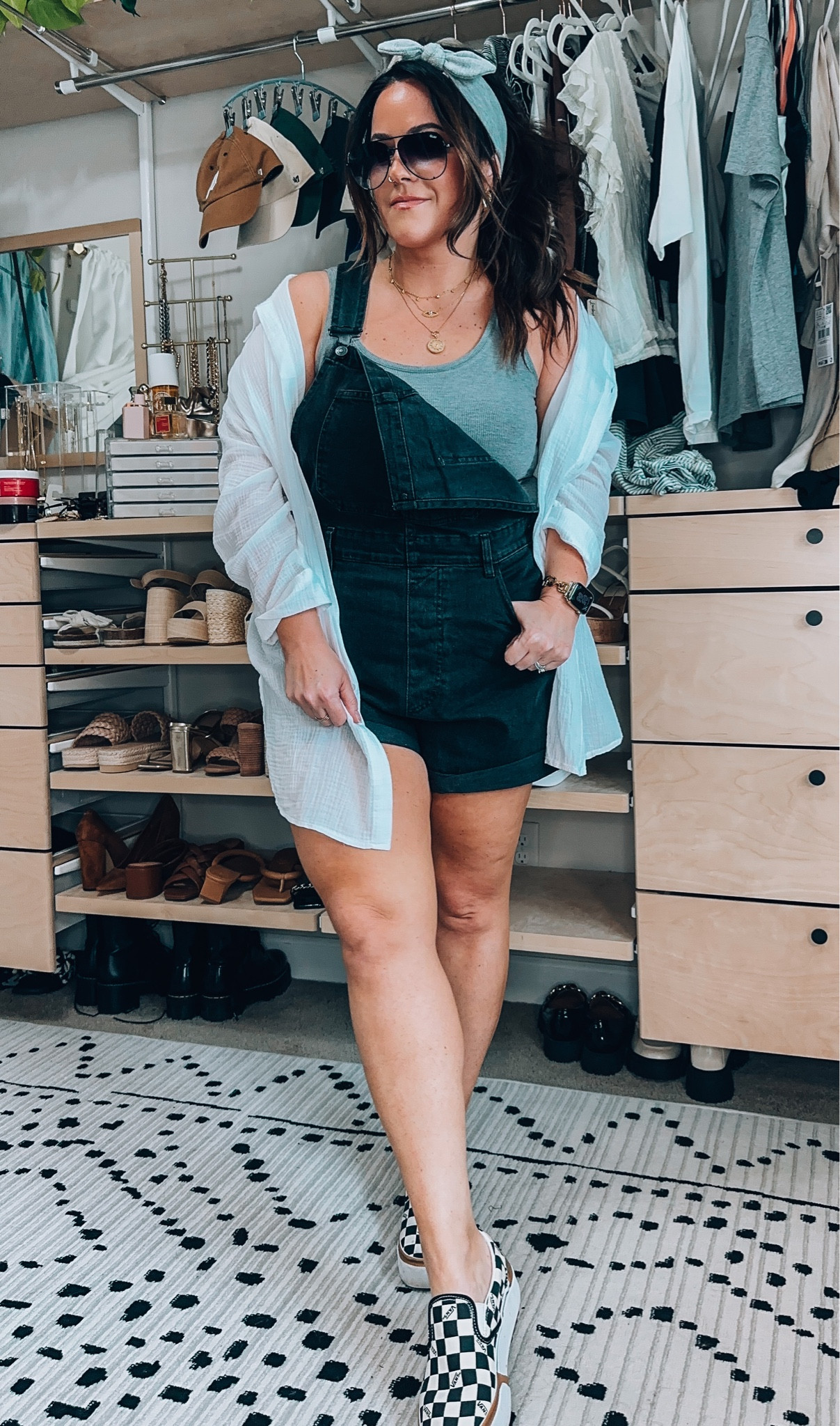 Casual midsize summer outfit 
Bib overalls xl ( I am a size 14 and these are loose and comfy 
Tank is a large 
Lightweight linen button down xl 
Stacked vans sneakers tts 
Headbands amazon 
Sunscreen 
Lipgloss
Strapless bra tts size 38dd 
Smoothing undies xl 
Deodorant 
Sunnies 


#LTKSeasonal #LTKcurves #LTKstyletip