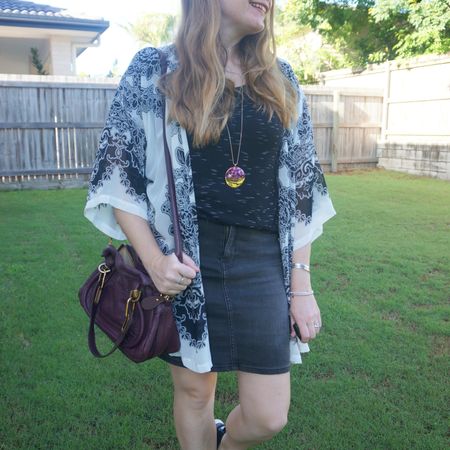 Black tee, denim skirt and black and white printed cover up with a little extra colour from my purple Chloe Paraty bag 💜

#LTKitbag #LTKaustralia