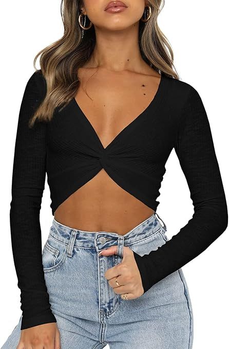 Butgood Women's Crop Top Sexy Long Sleeve V Neck Shirts Fall Y2k Twist Front Slim Fit Ribbed Basi... | Amazon (US)