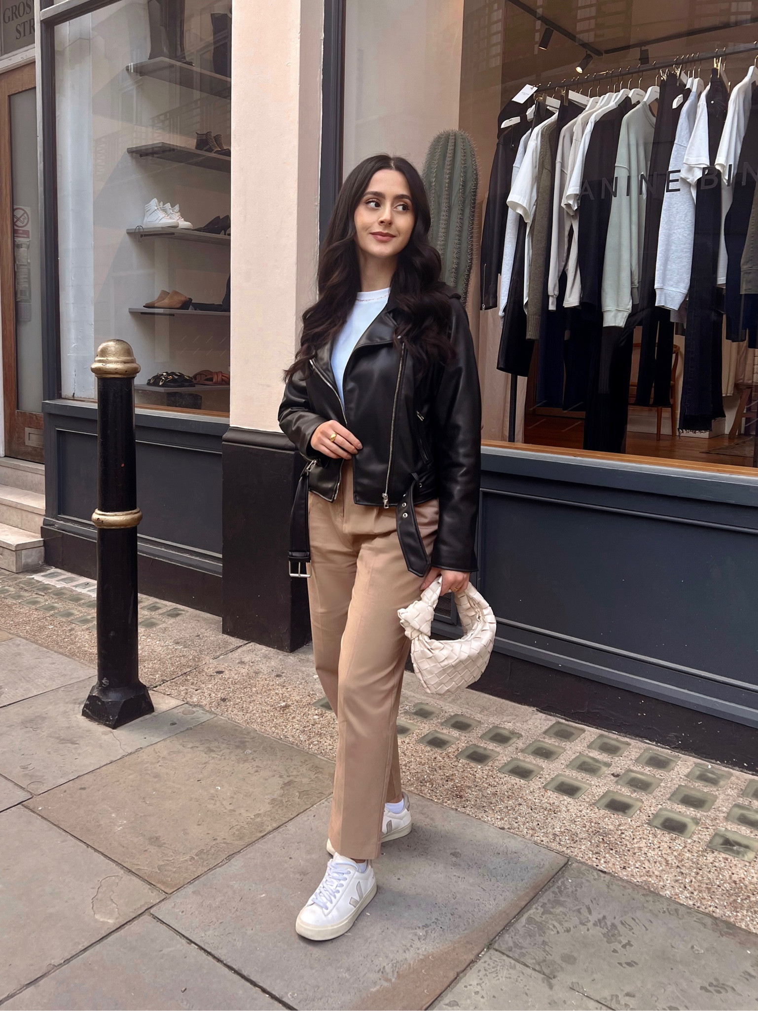 
chic style, chic outfit, spring outfit idea, minimal style, casual outfit, weekend outfit, easter outfit, camel trousers, leather jacket, white t-shirt, bottega bag

#LTKFind #LTKstyletip #LTKfit