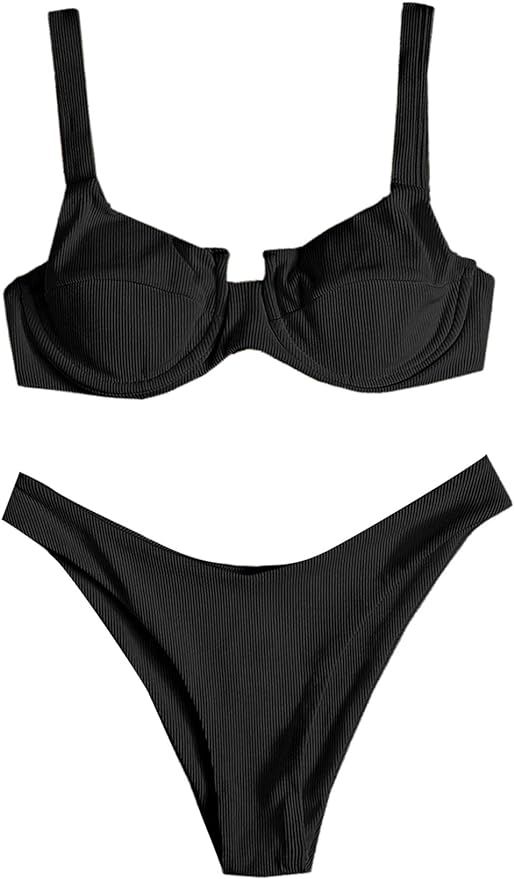 SheIn Women's Two Piece Swimsuit Tie Back Wireless Bikini Set High Cut Rib Bathing Suit | Amazon (US)