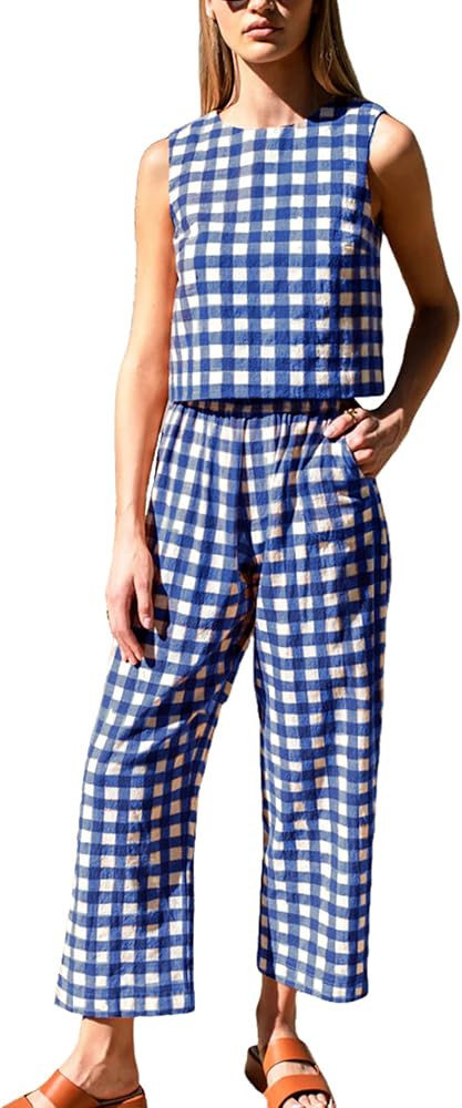 Gozoloma Women's Gingham 2 Piece Set Tank Top and Loose Fit Pants with Pockets Casual Summer Matc... | Amazon (US)