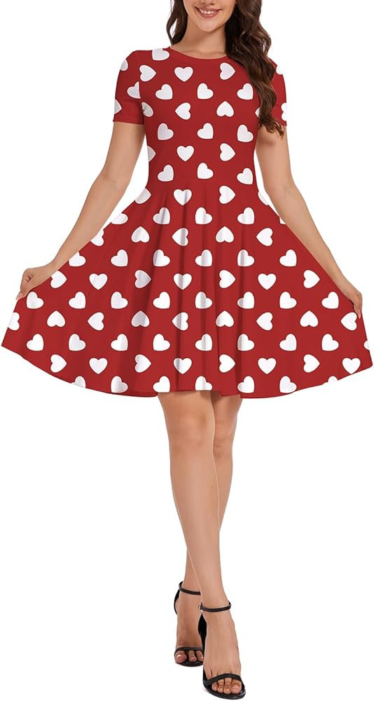 Heart Dress Women Valentines Love Day Outfits Short Sleeve Trendy Swing Dresses | Amazon (US)