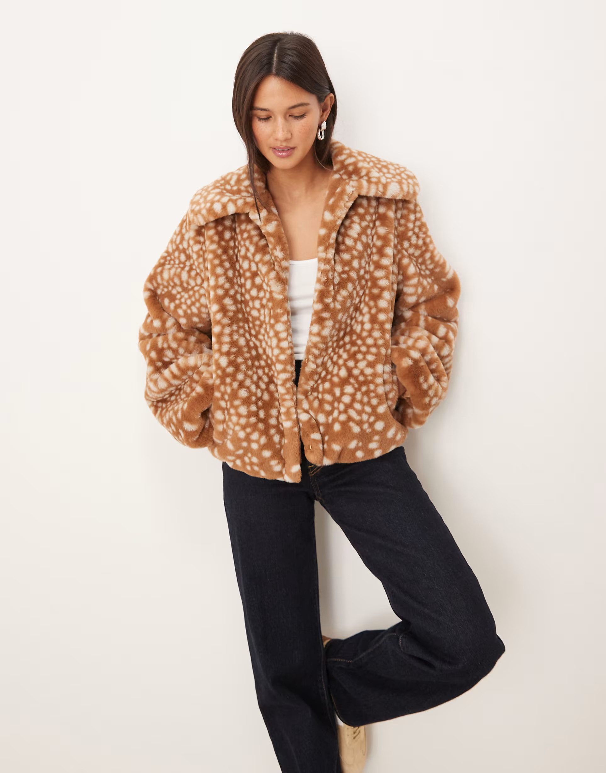 Threadbare faux fur jacket with oversized collar in tan deer print | ASOS (Global)